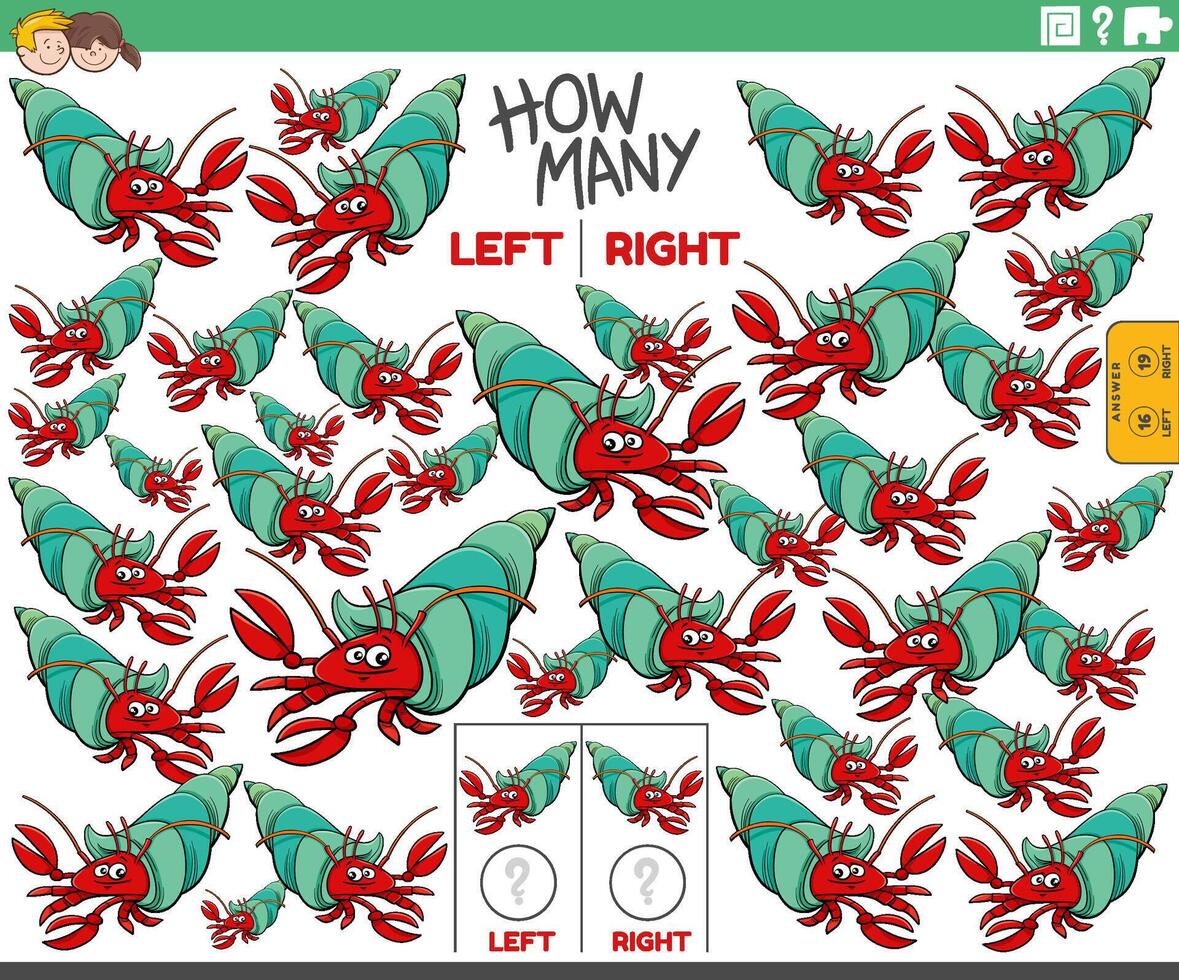 counting left and right pictures of cartoon hermit crab vector