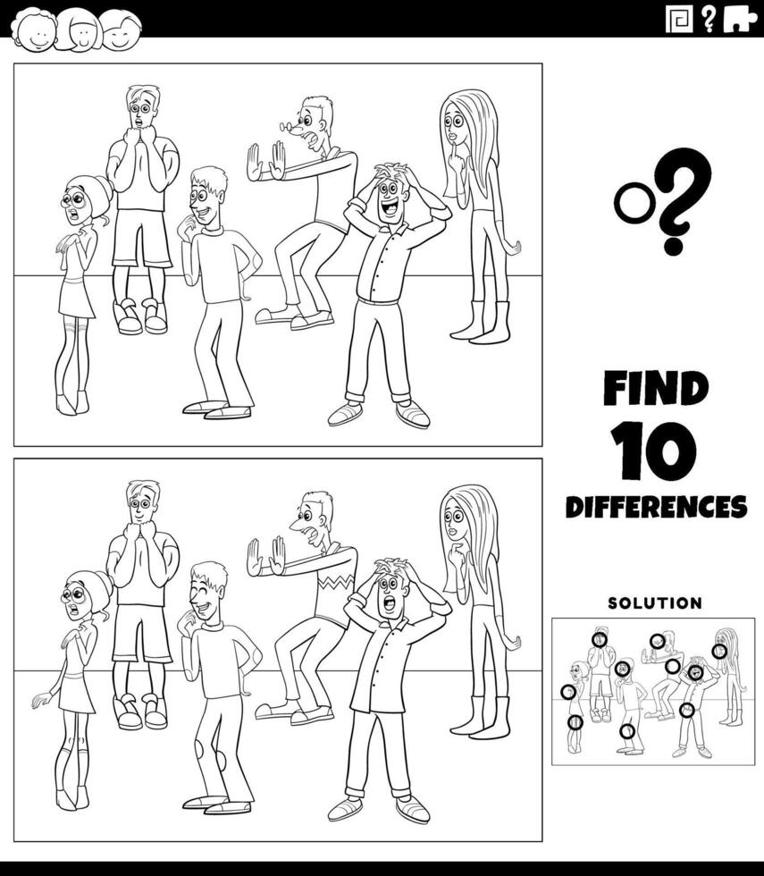 differences activity with cartoon surprised young people coloring page vector