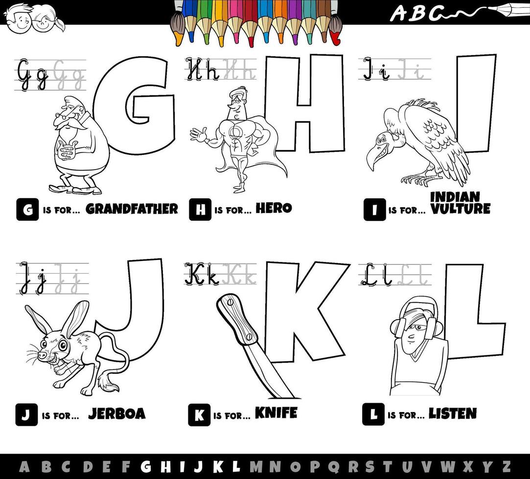 educational cartoon alphabet letters set from G to L coloring page vector