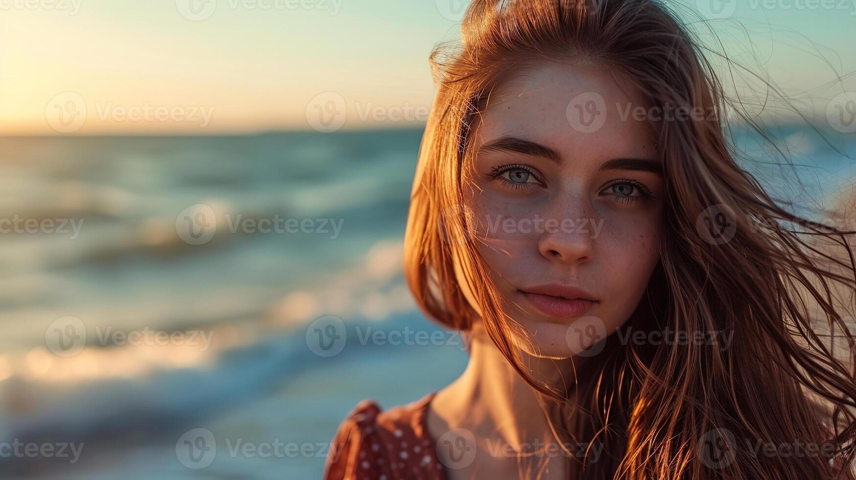 beautiful girl on the seashore in the sunshine portrait close up photo