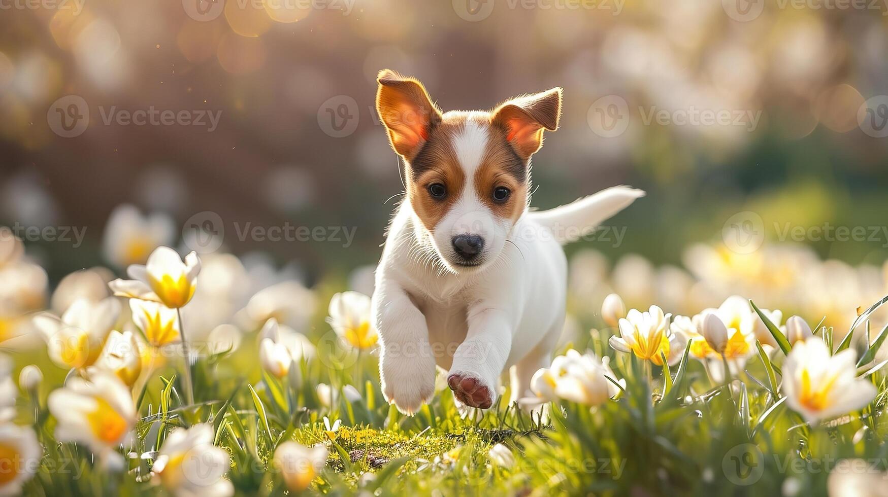 Puppy running across the field in flowers photo