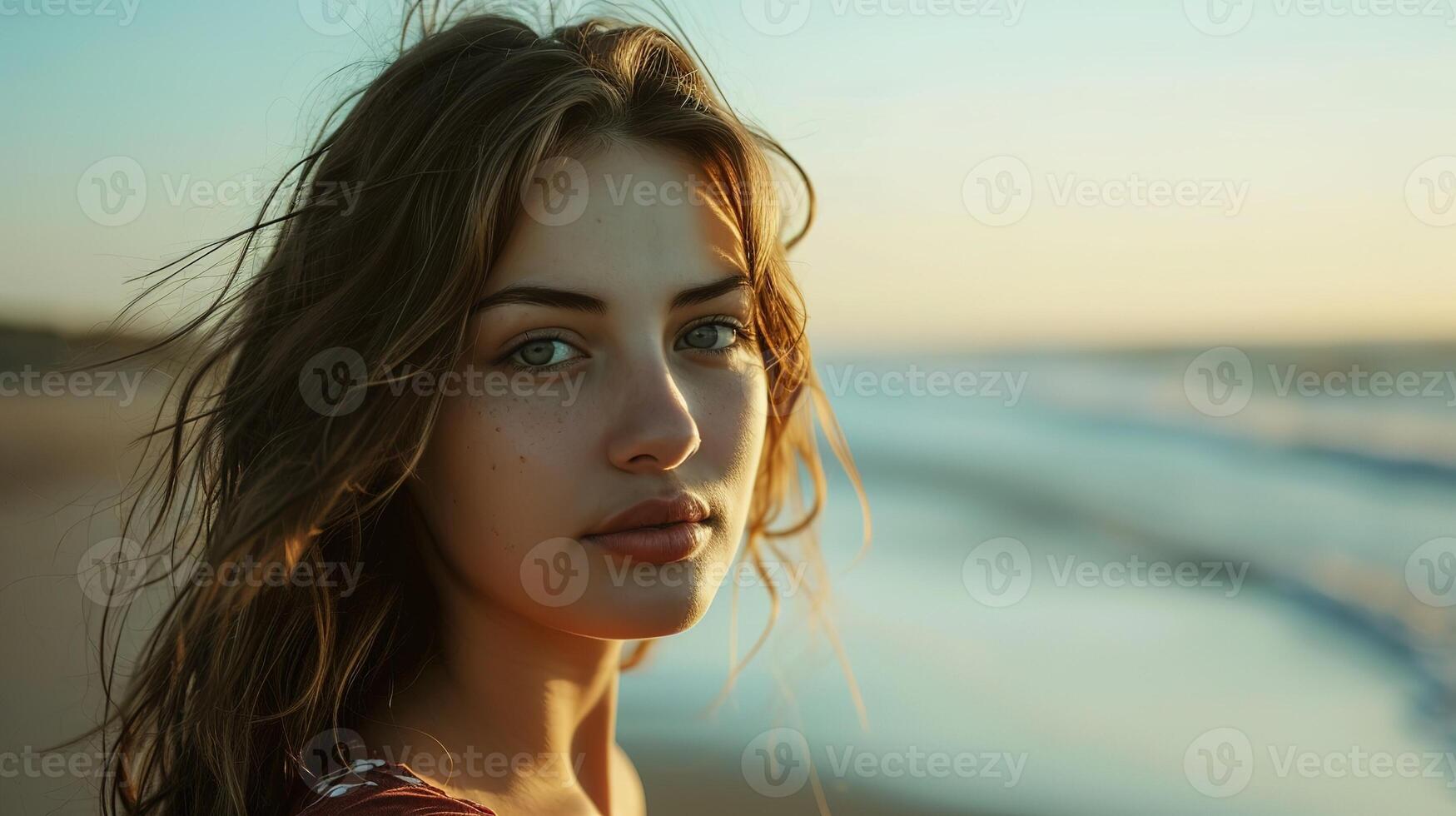 beautiful girl on the seashore in the sunshine portrait close up photo