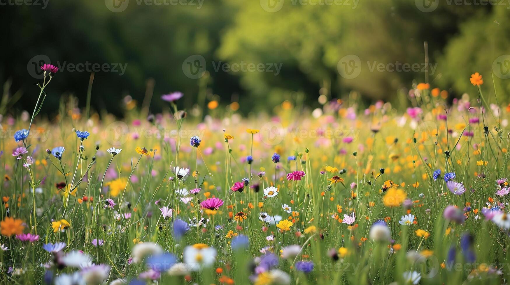 Beautiful wildflowers on a green meadow. Warm summer day photo