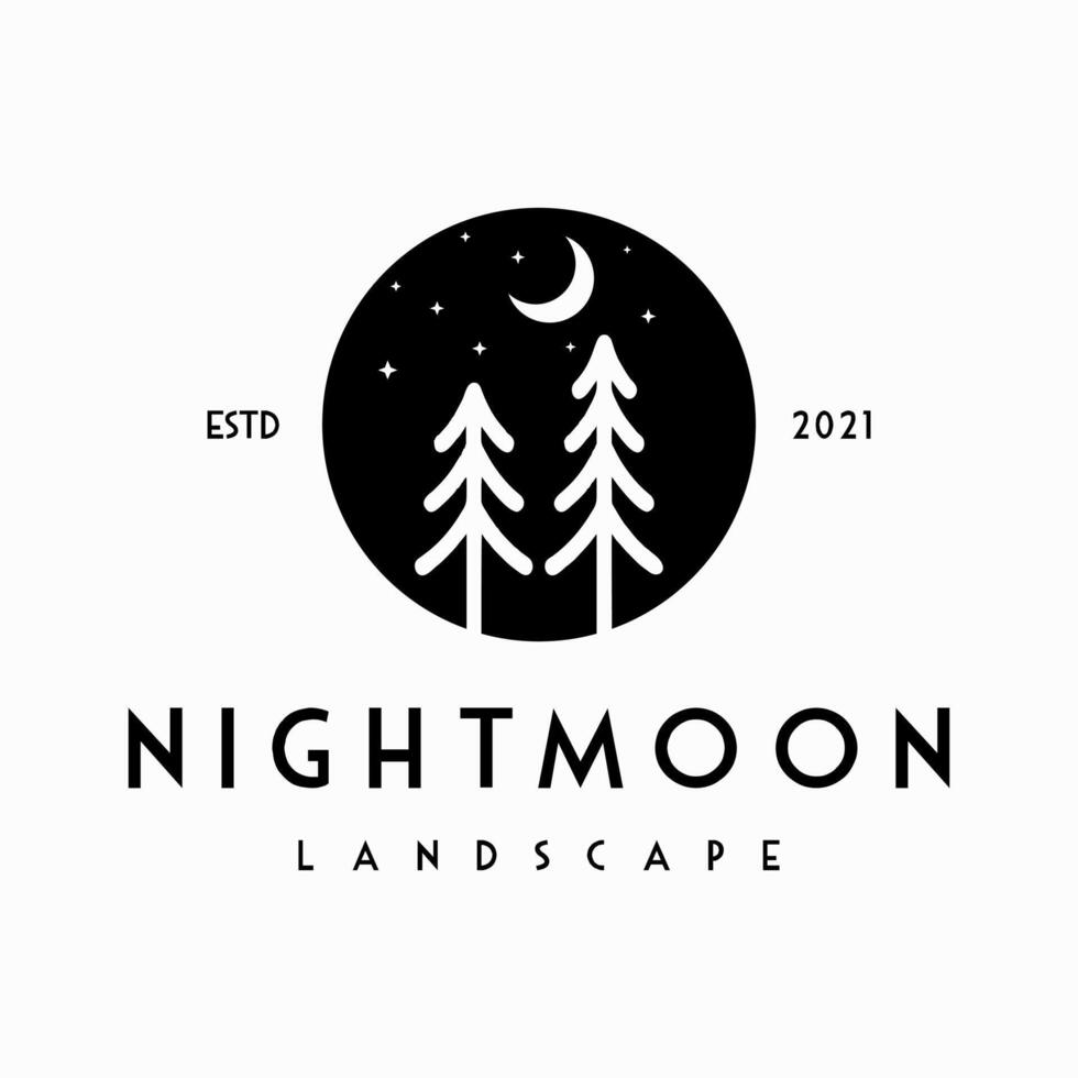 night moon landscape with pine tree logo design template vector