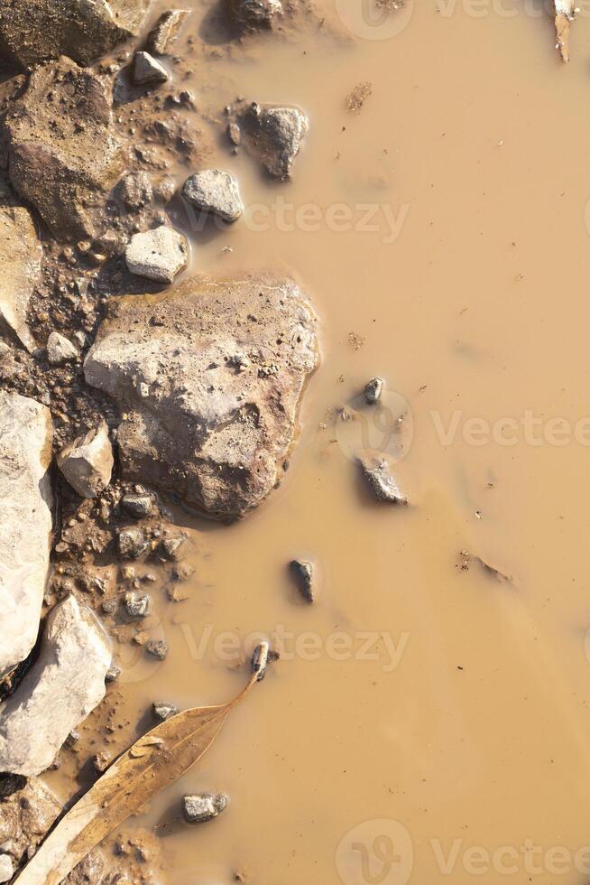 macro photography of puddle of water on sand and stone road photo