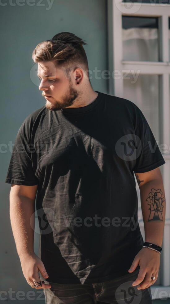 Big size fat adult man model in Blank black T Shirt for design mockup photo