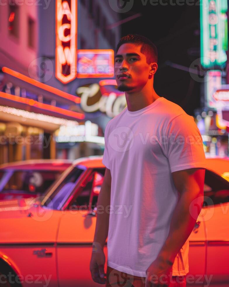 Young Adult man model in Blank white T Shirt for design mockup photo