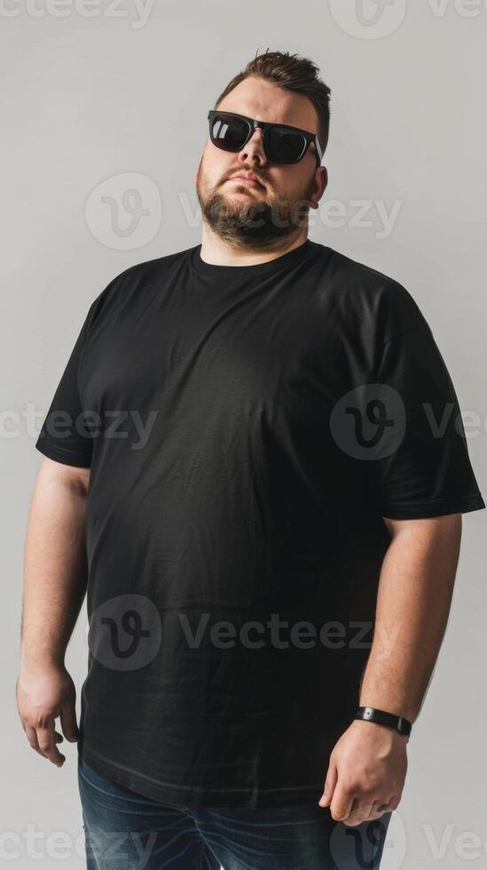 Big size fat adult man model in Blank black T Shirt for design mockup photo