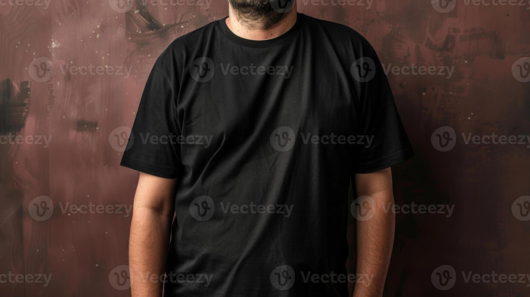 Big size fat adult man model in Blank black T Shirt for design mockup photo