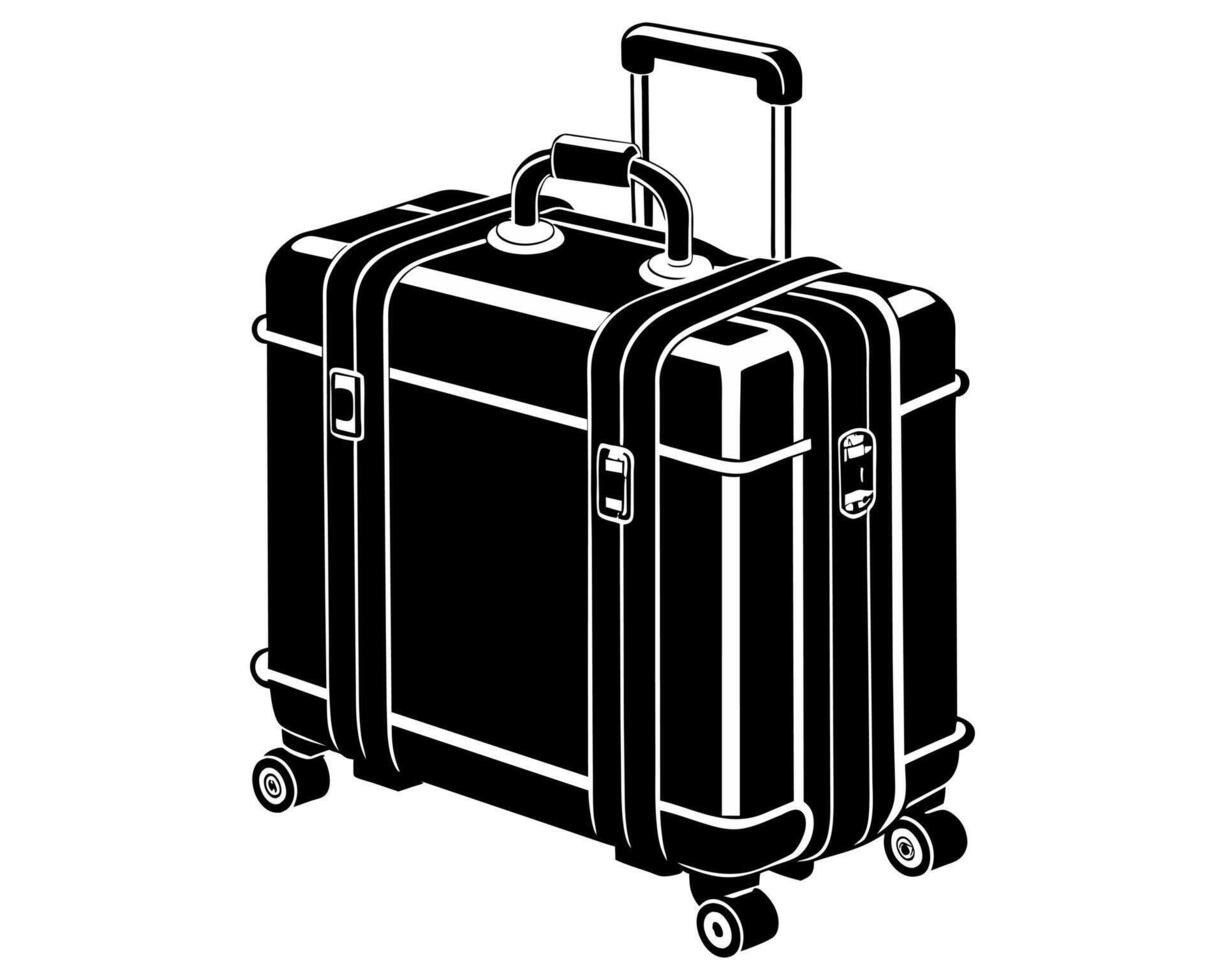 Black rolling suitcase silhouette isolated on white. Silhouette of a wheeled luggage bag. Concept of travel, tourism, vacation, business trips, and luggage portability. Graphic illustration vector