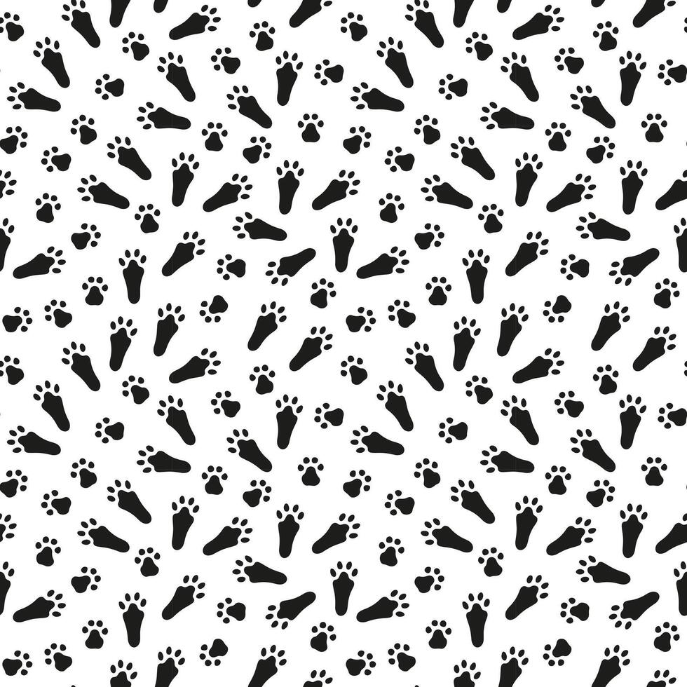 Black and white seamless pattern of Rabbit or hare paw footprints. Silhouette. Bunny footprints. Isolated on white background. Print, textile, wrapping paper, postcard, zoo, Easter pattern vector