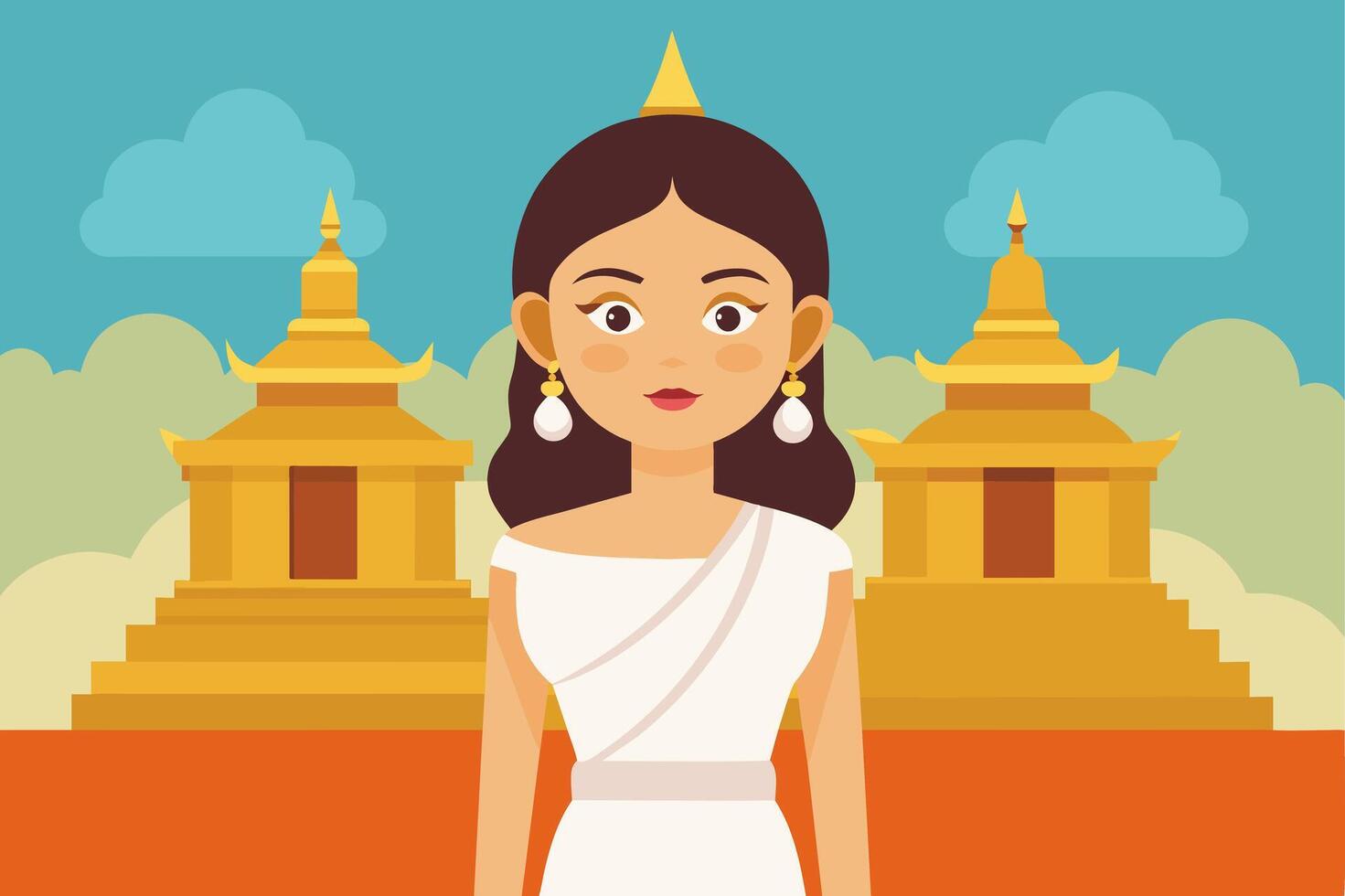 Thai woman in traditional white attire against background of Buddhist temple. Graphic illustration. Concept of spirituality, tradition, Asian culture, peaceful meditation vector