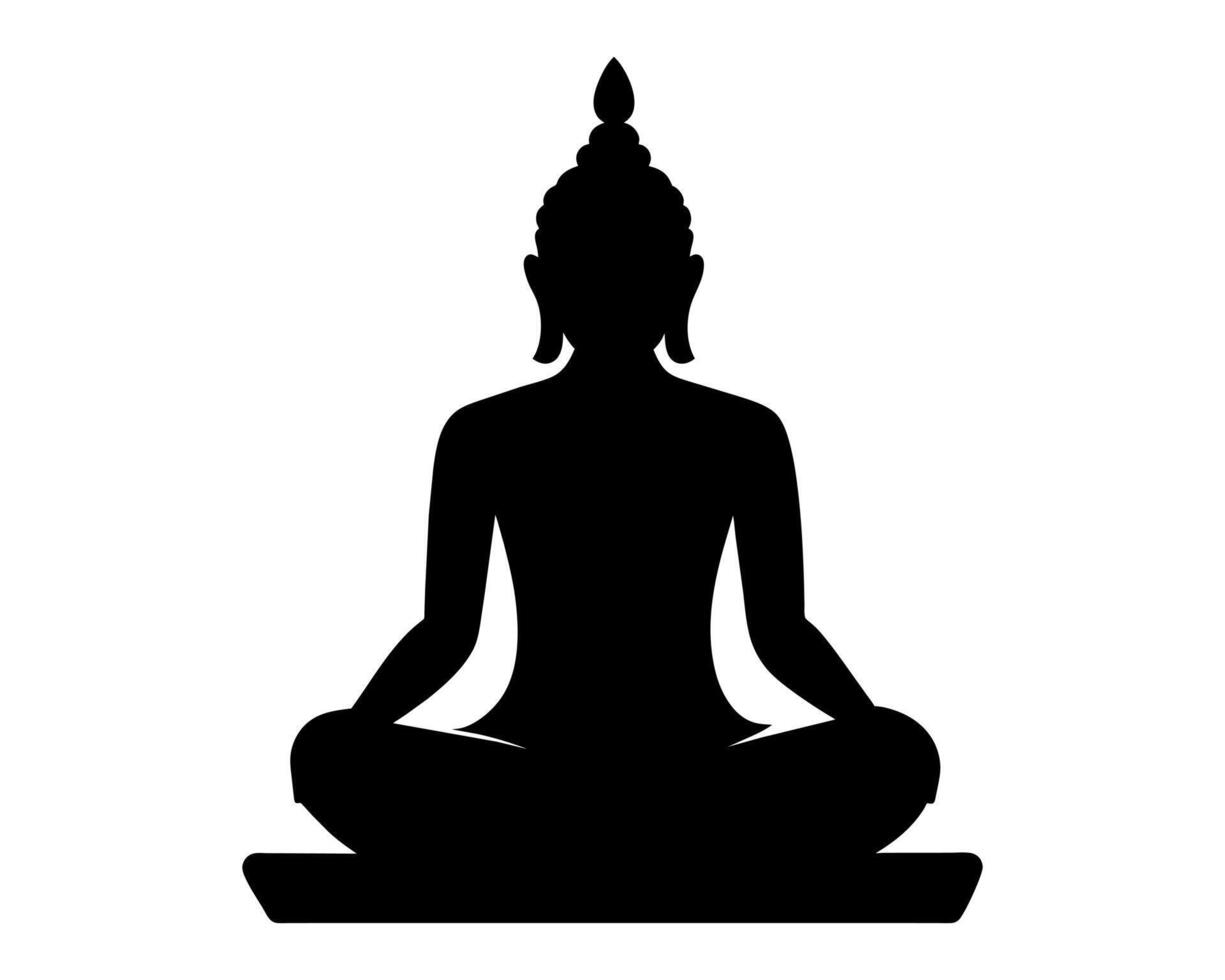 Black Silhouette of Buddha in lotus position isolated on white surface. Graphic illustration. Buddhist meditation icon. Concept of Zen practice, religious, meditation, Buddhism vector