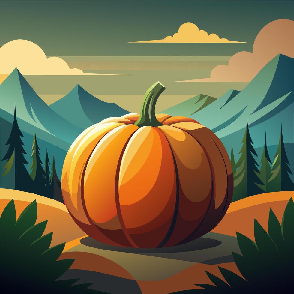 Stylized pumpkin illustration with a mountain backdrop. Vibrant orange gourd in a scenic landscape. Concept of autumn beauty, seasonal nature scene, festive harvest, and tranquil environment. vector