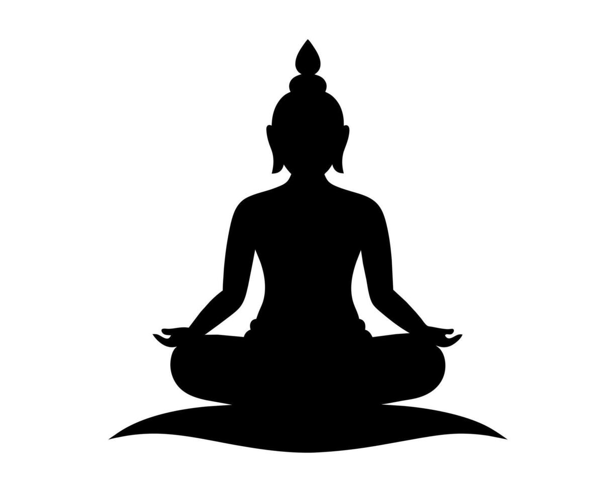 Black Silhouette of Buddha in lotus position isolated on white background. Graphic illustration. Buddhist meditation icon. Concept of Zen practice, religious, meditation, Buddhism vector
