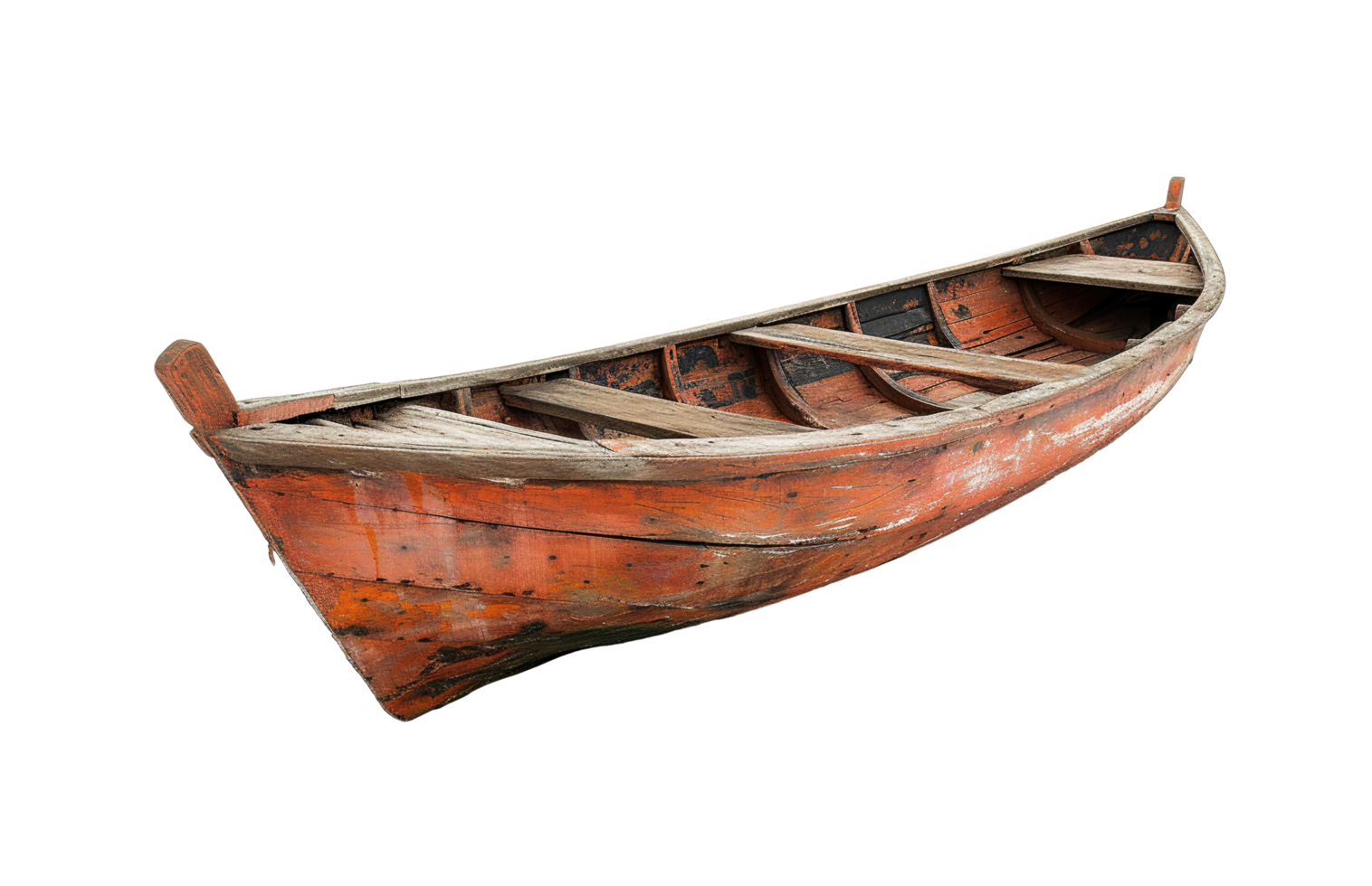 Old rusty worn out vintage red wooden boat transparent background isolated graphic resource png