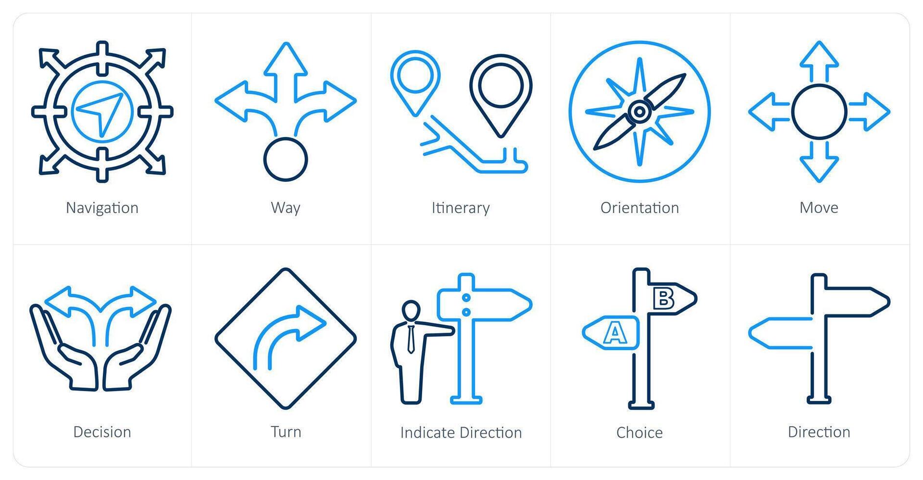 A set of 10 direction icons as navigation, way, itinerary vector