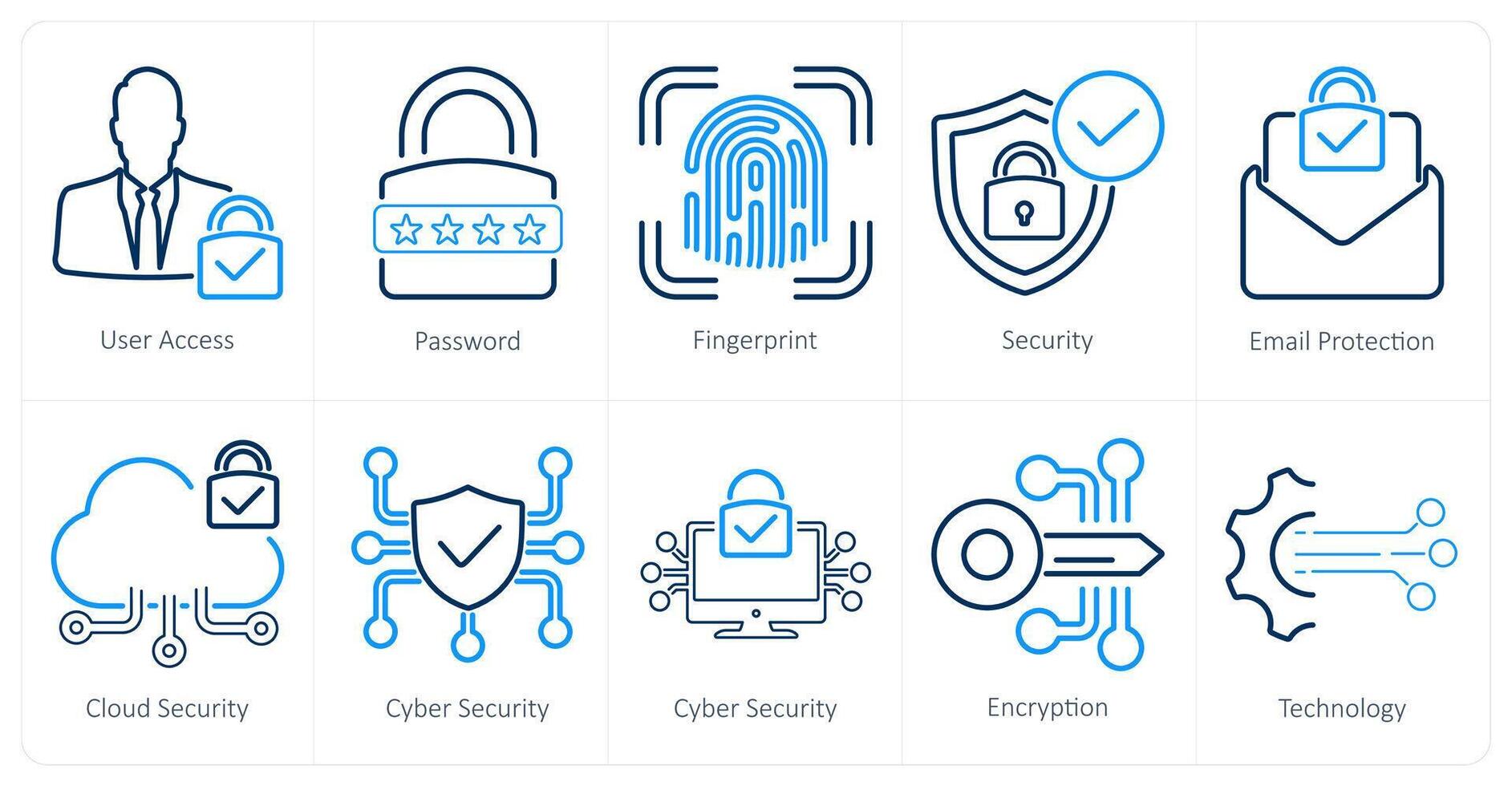 A set of 10 cyber security icons as user access, password, fingerprint vector