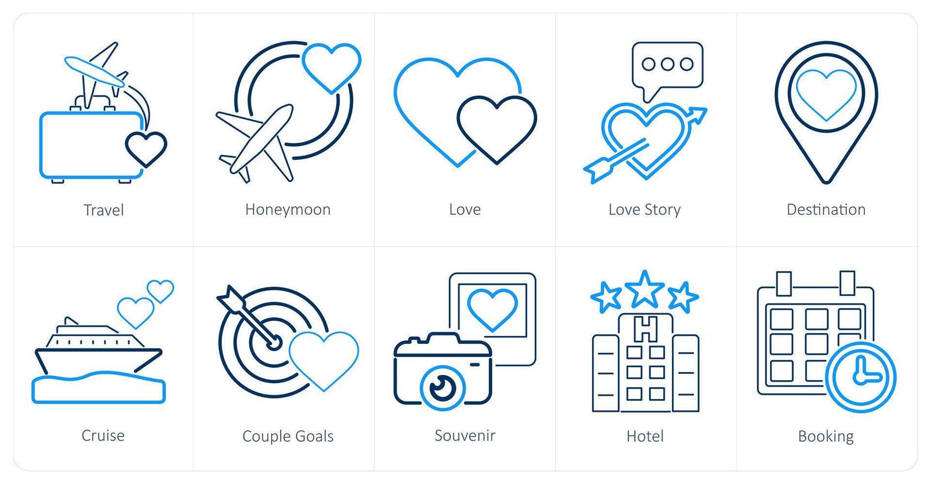 A set of 10 honeymoon icons as travel, honeymoon, love, love story vector