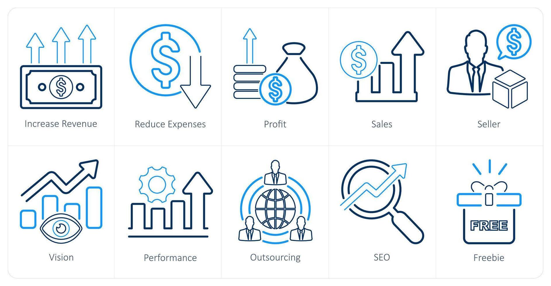 A set of 10 increase sale icons as increase revenue, reduce expenses, profit vector