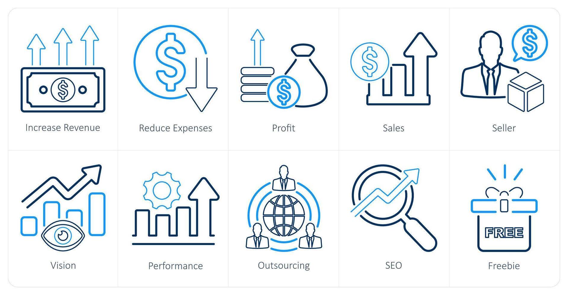 A set of 10 increase sale icons as increase revenue, reduce expenses, profit vector