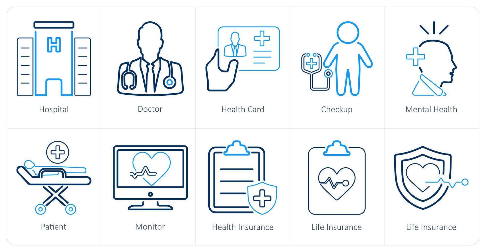 A set of 10 health checkup icons as hospital, doctor, health card vector