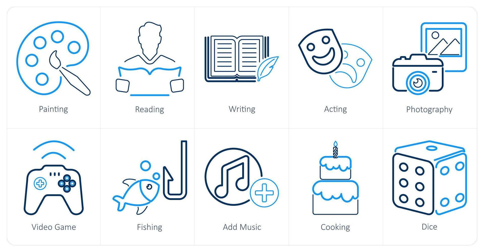 A set of 10 hobby icons as painting, reading, writing vector