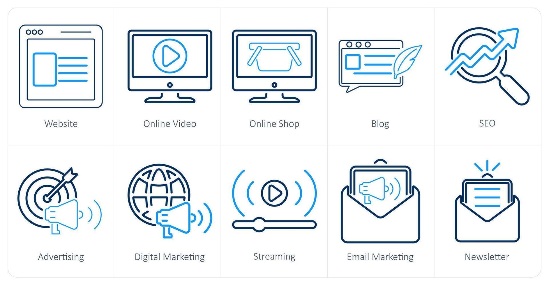 un conjunto de 10 digital márketing íconos como Sitio web / Blog, en línea tienda vector