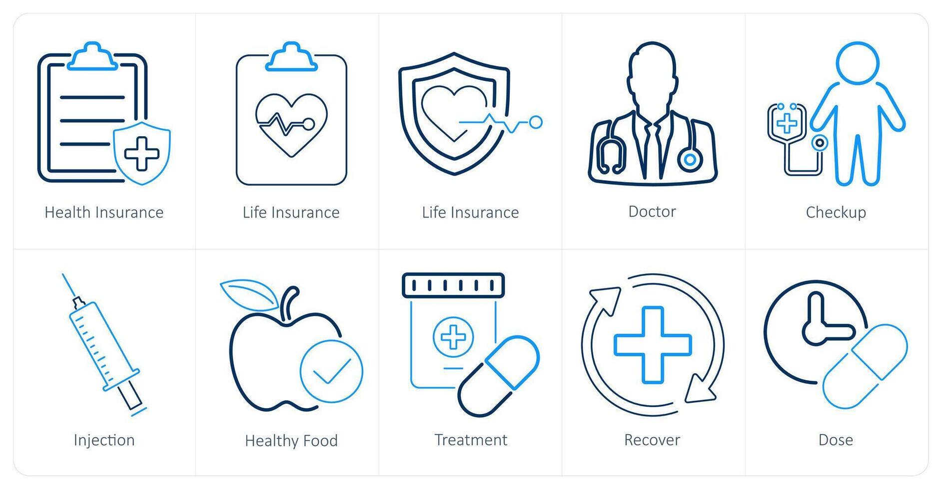 A set of 10 health checkup icons as health insurance, life insurance, doctor vector