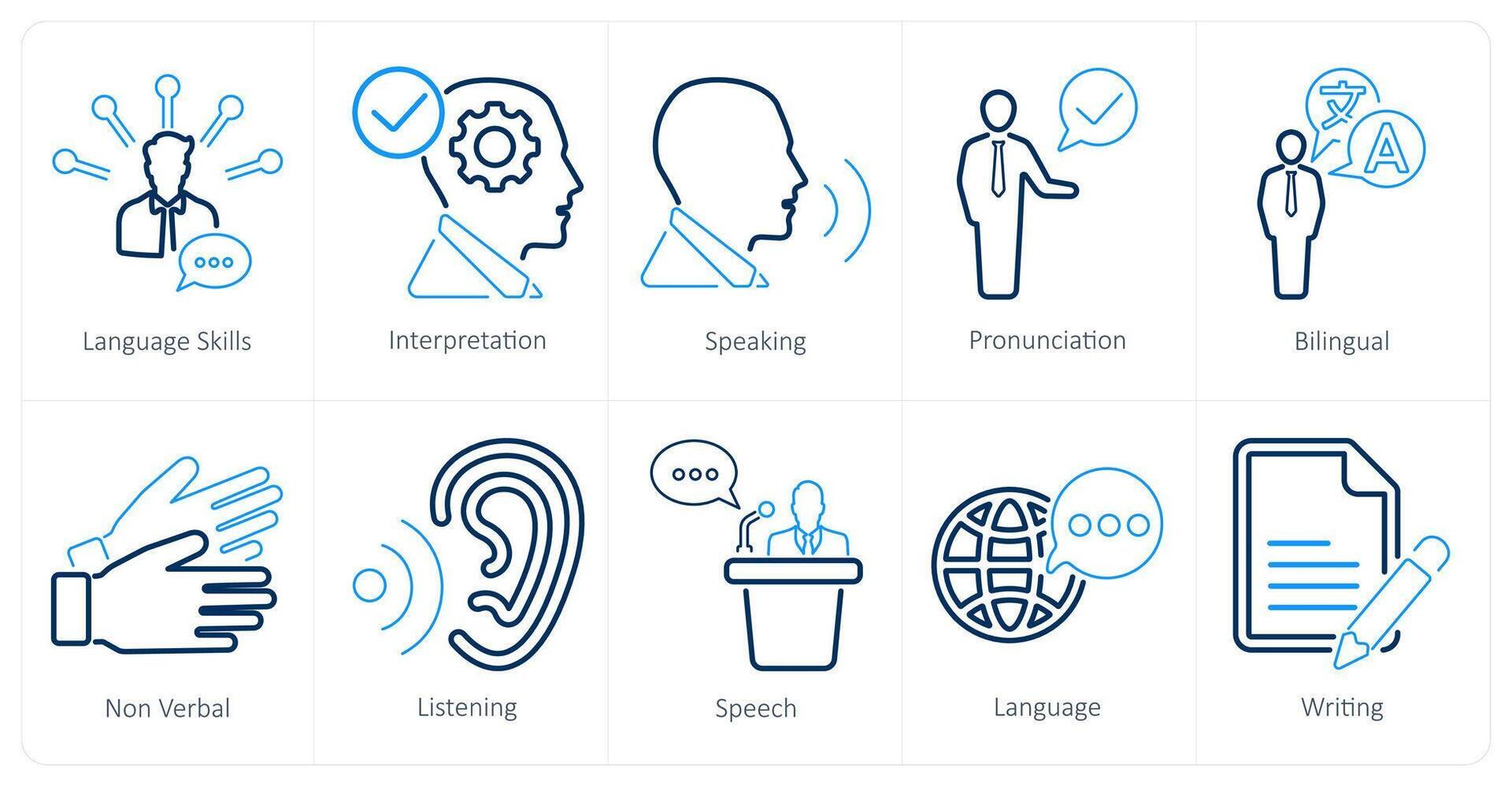 A set of 10 language icons as language skills, interpretation, speaking vector