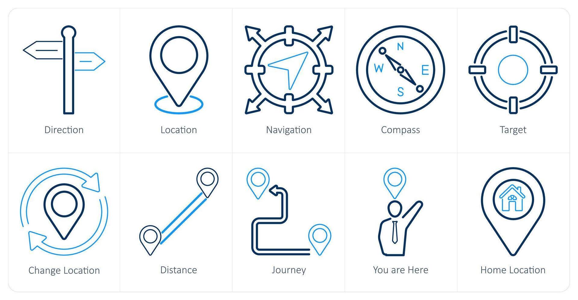 A set of 10 location icons as direction, location, navigation vector