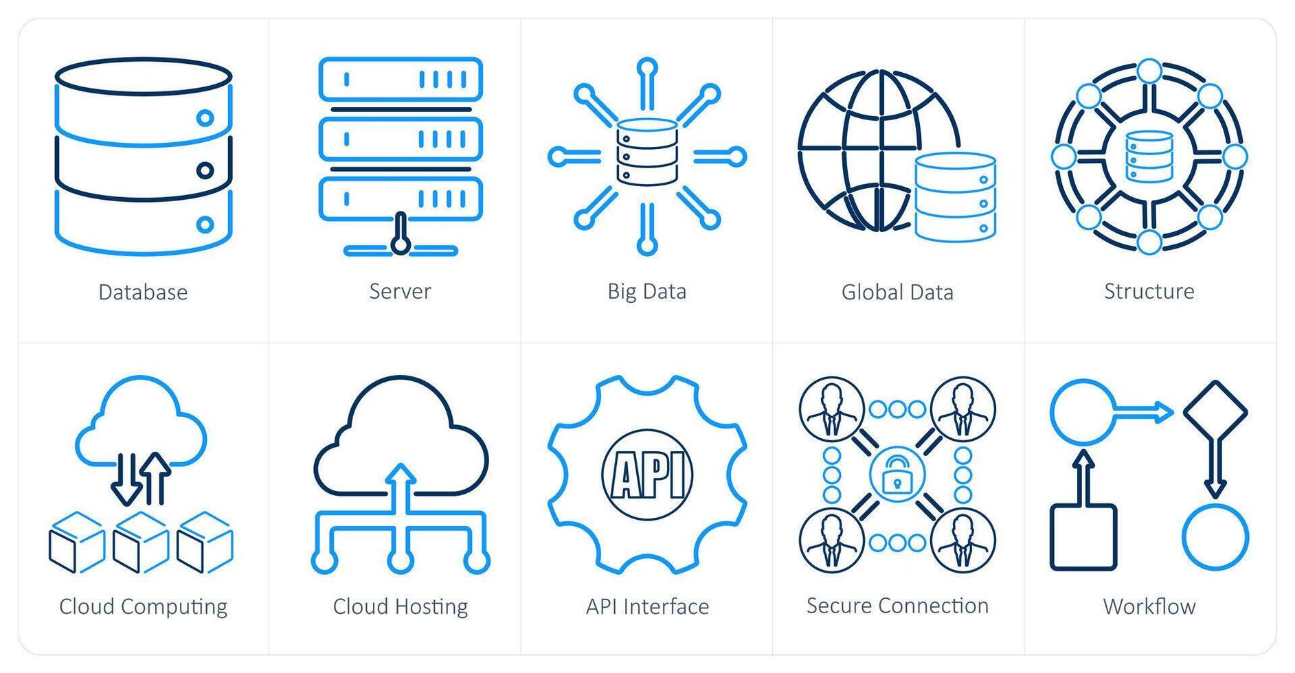 A set of 10 data analytics icons as database, server, big data vector