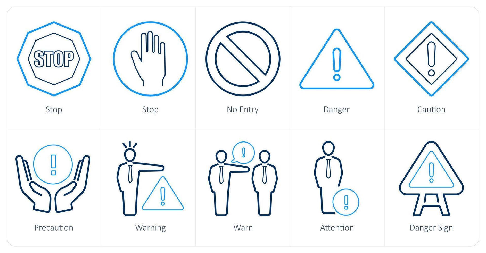 un conjunto de 10 peligro peligro íconos como detener, No entrada, peligro vector