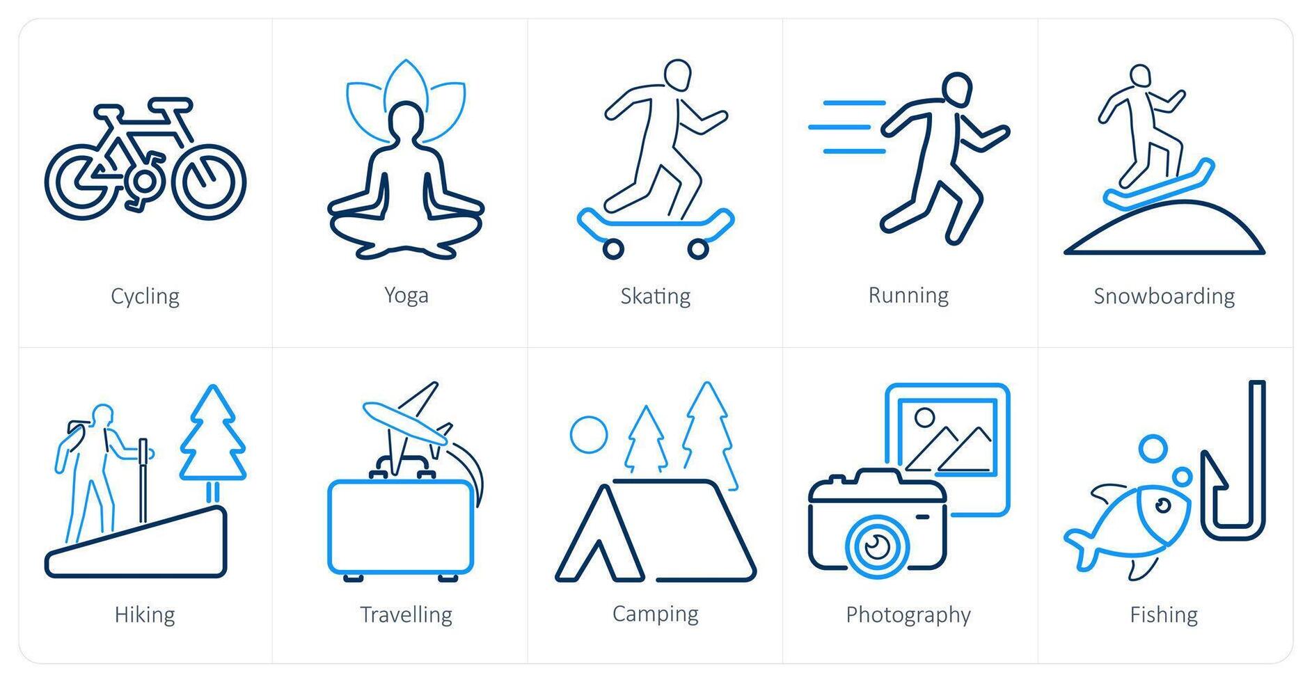 A set of 10 hobby icons as cycling, yoga, skating vector