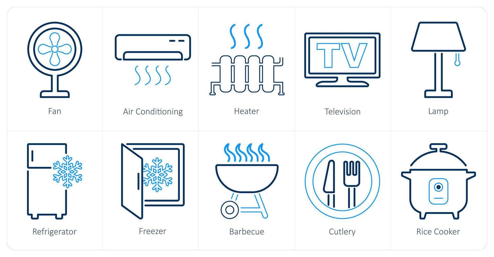 A set of 10 home appliances icons as fan, air conditioning, heater vector