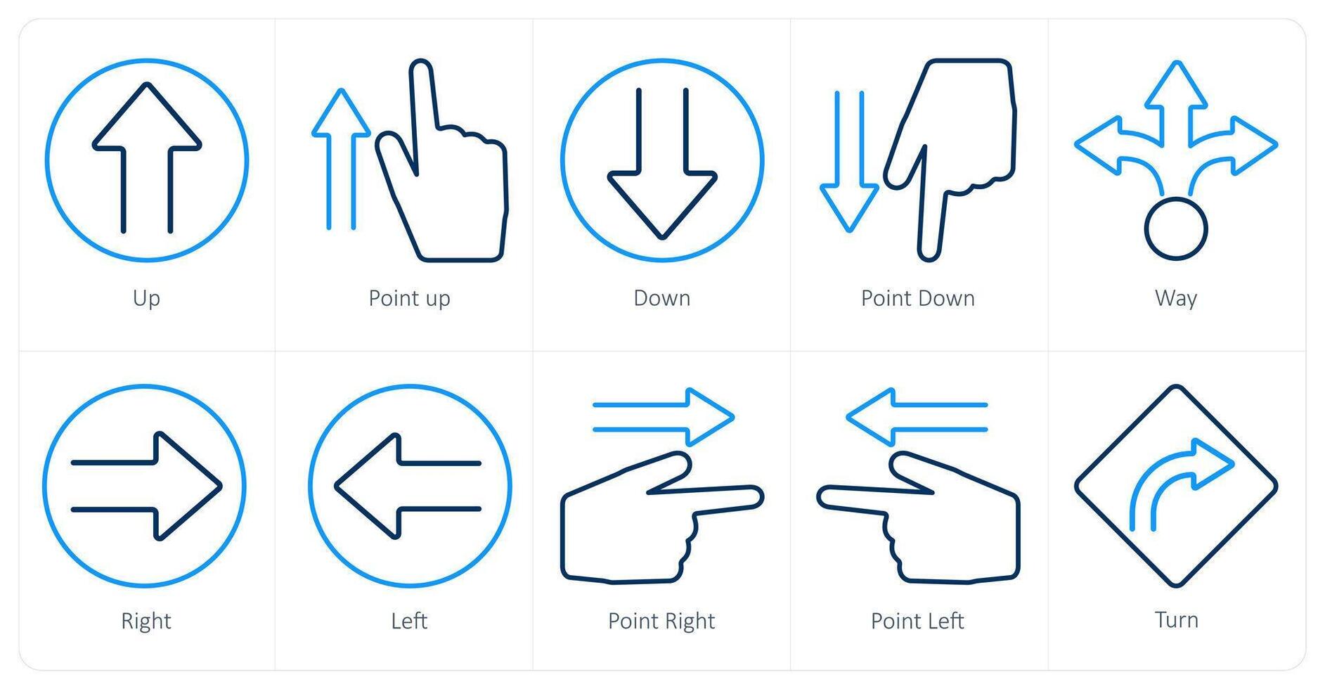 A set of 10 direction icons as up, point up, down vector