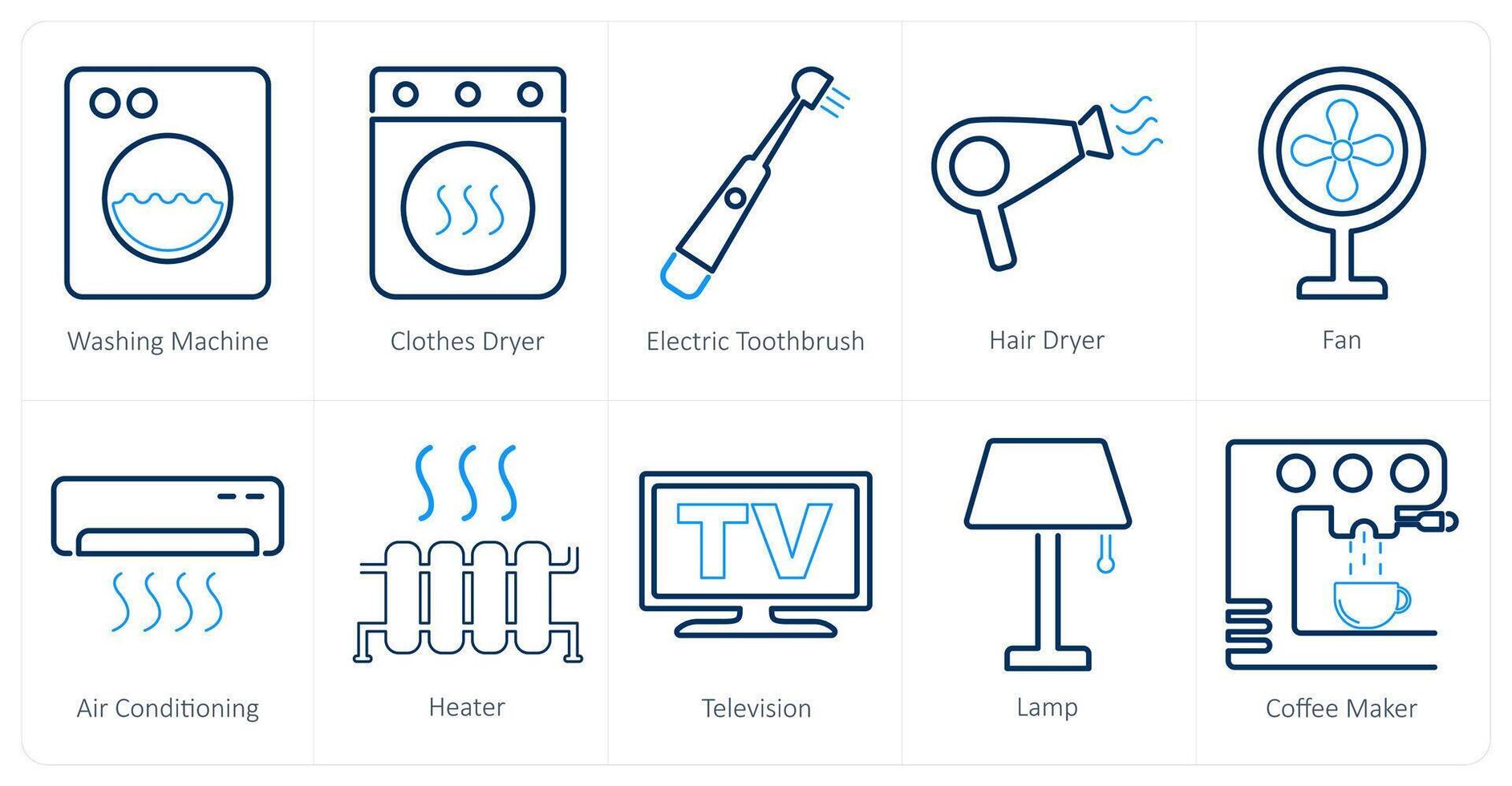 A set of 10 home appliances icons as washing machine, clothes dryer, electric toothpaste vector