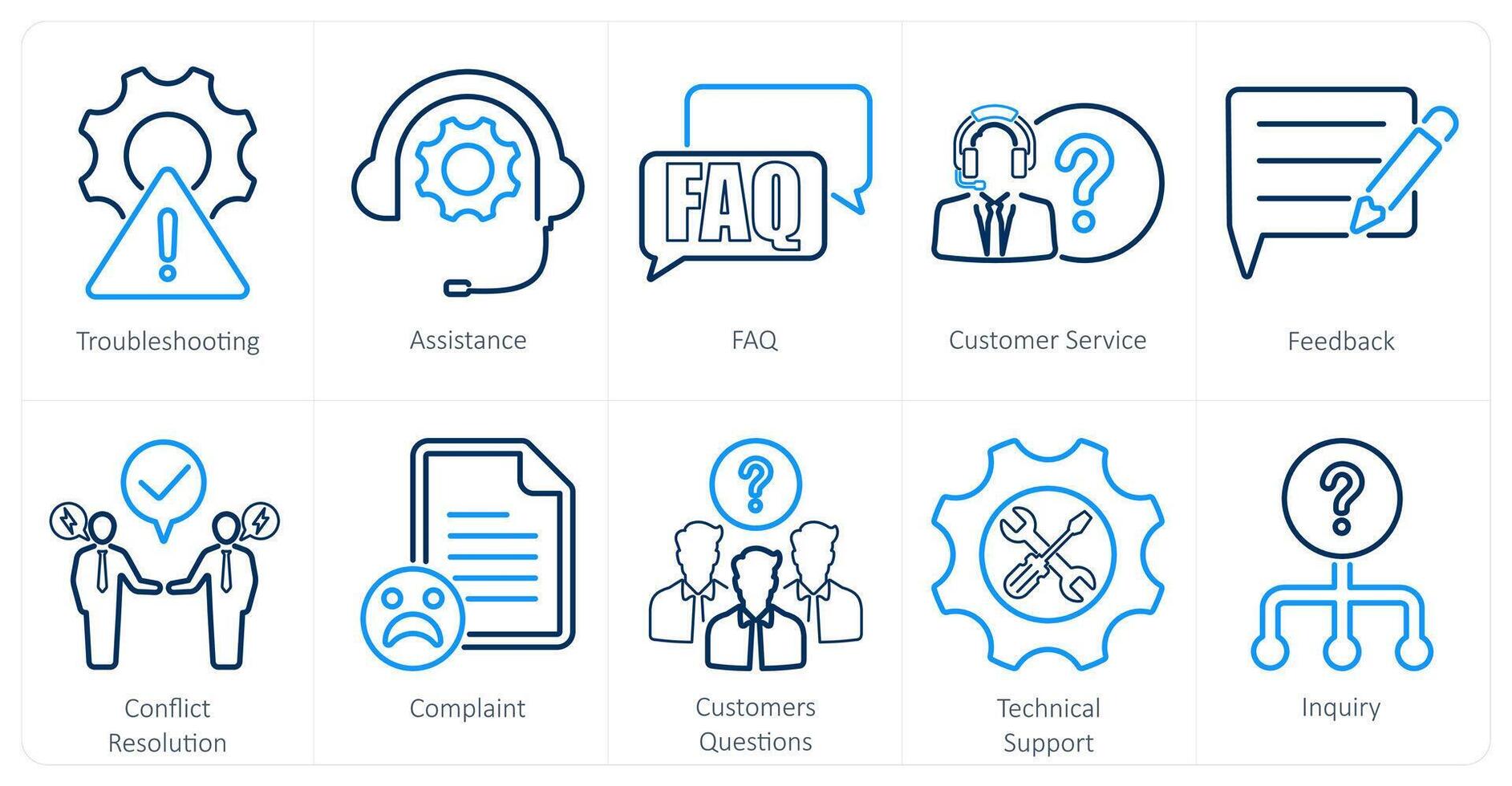 A set of 10 customer service icons as troubleshooting, assistance, faq vector