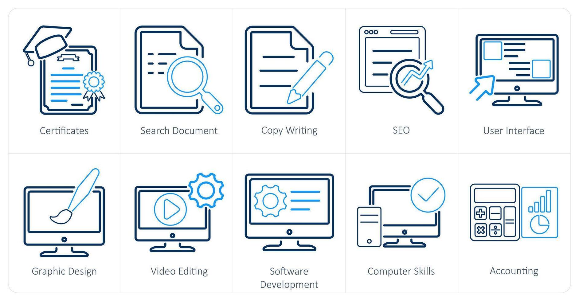 A set of 10 hard skills icons as certificates, search document, copy writing vector