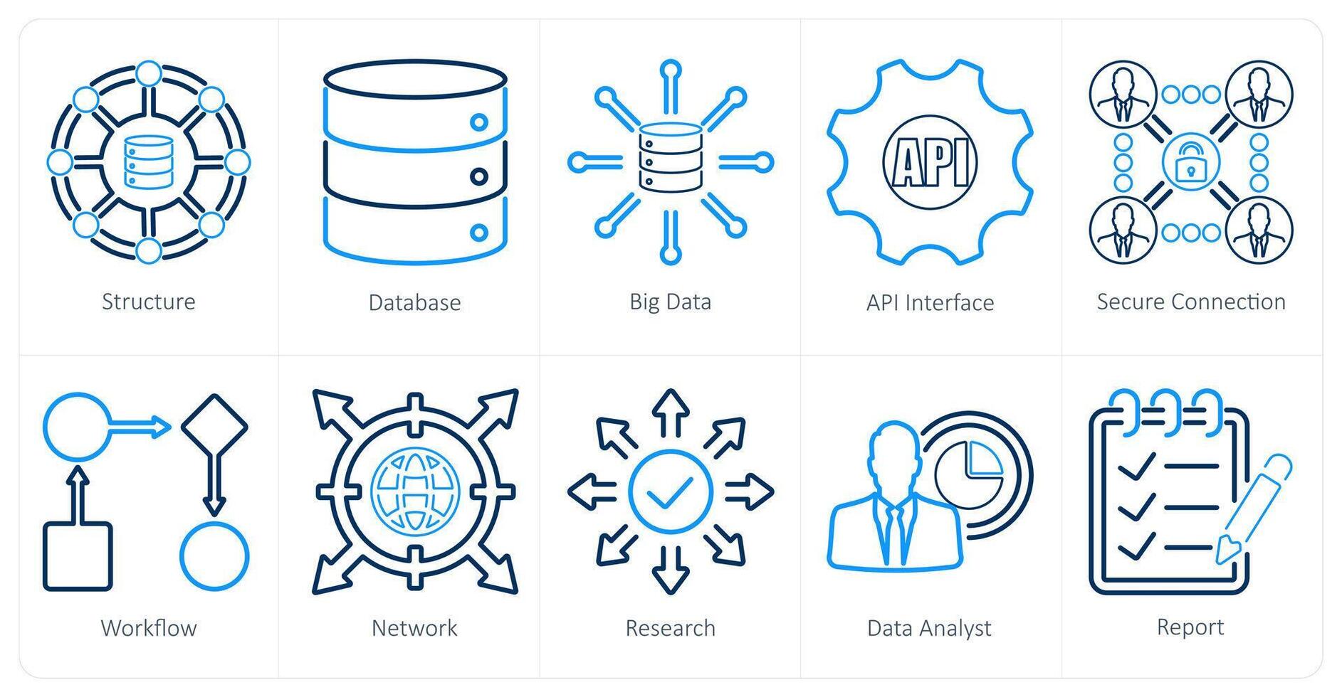A set of 10 data analytics icons as structure, database, big data vector