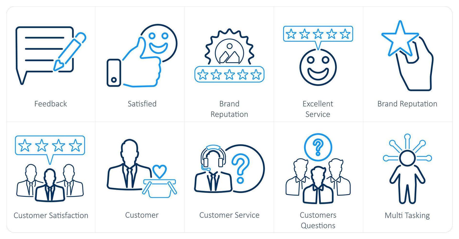 A set of 10 customer service icons as feedback, satisfied, brand reputation, excellent service vector