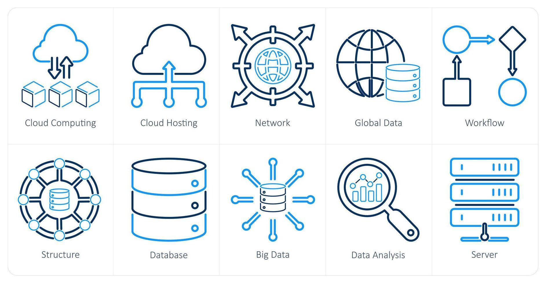 un conjunto de 10 datos analítica íconos como nube informática, nube alojamiento, red vector