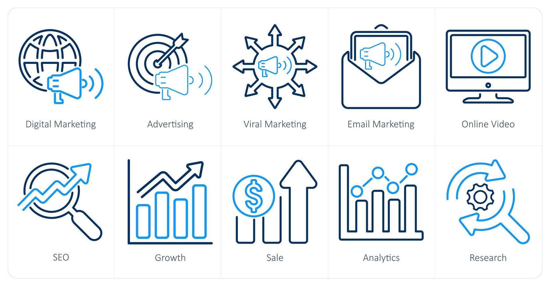 A set of 10 digital marketing icons as digital marketing, advertising, viral marketing vector