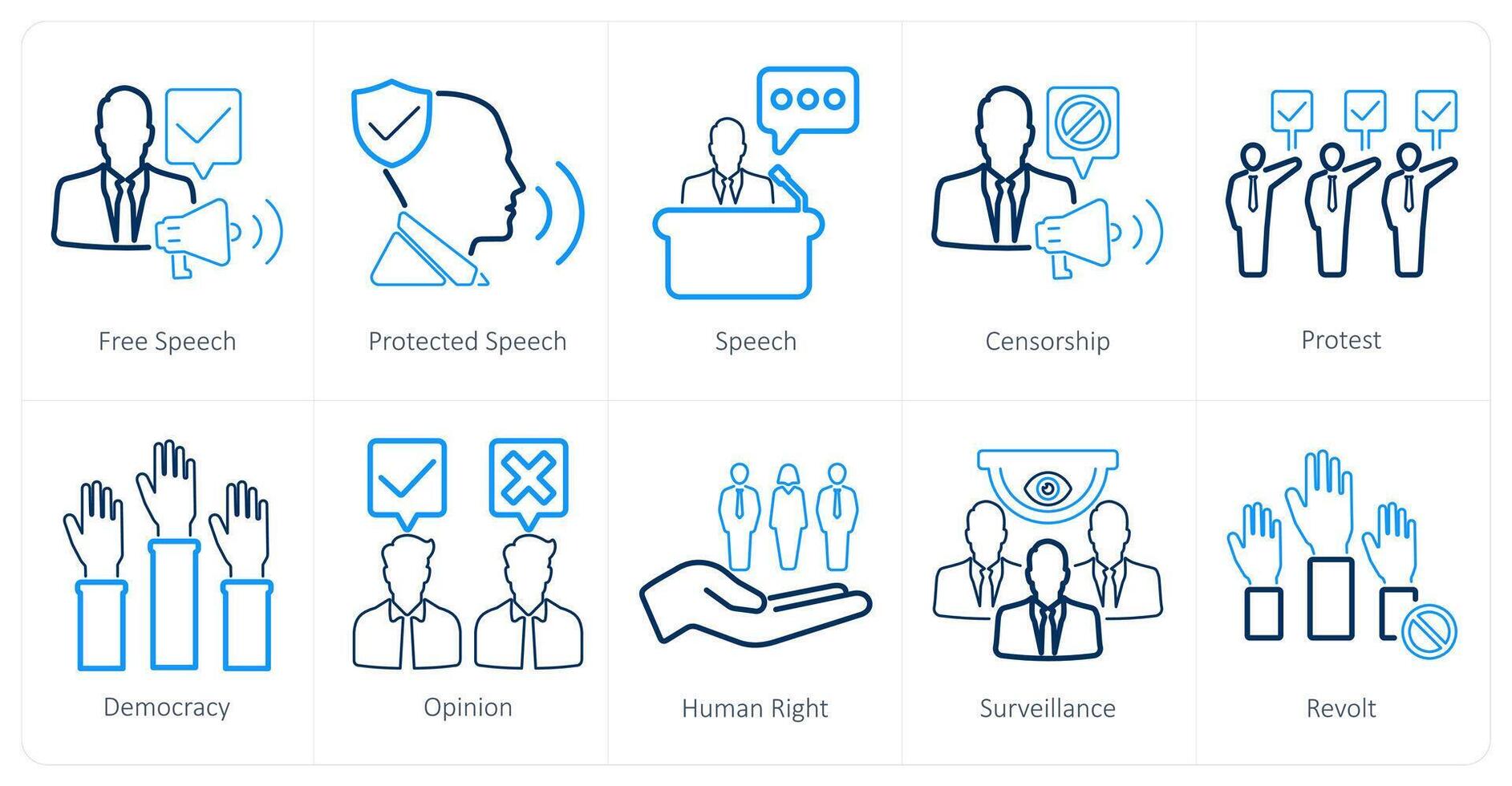 A set of 10 freedom of speech icons as free speech, protected speech, speech vector