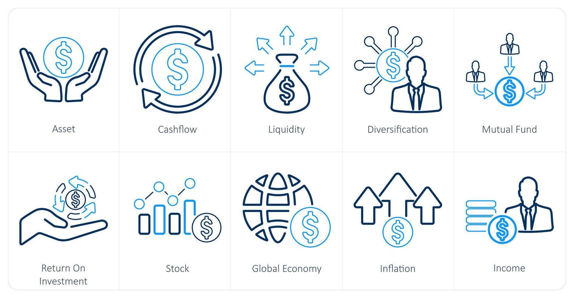 A set of 10 investment icons as asset, cash flow, liquidity vector