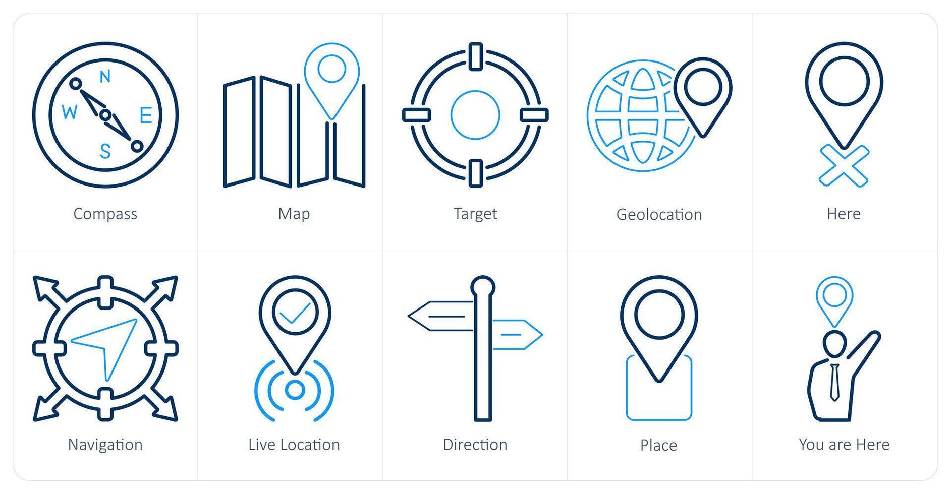 A set of 10 location icons as compass, map, target vector