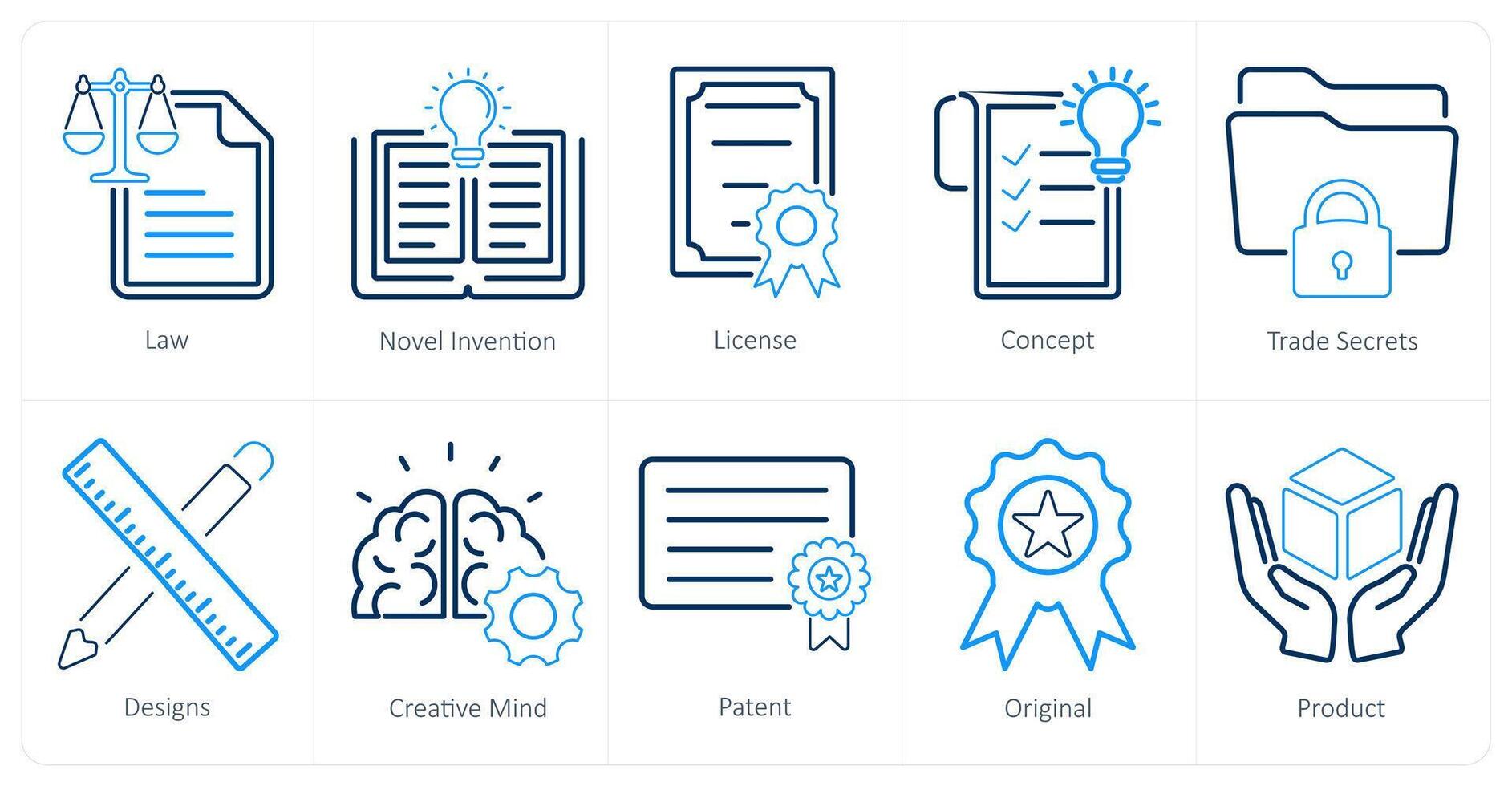 A set of 10 intellectual property icons as law, novel invention, license vector