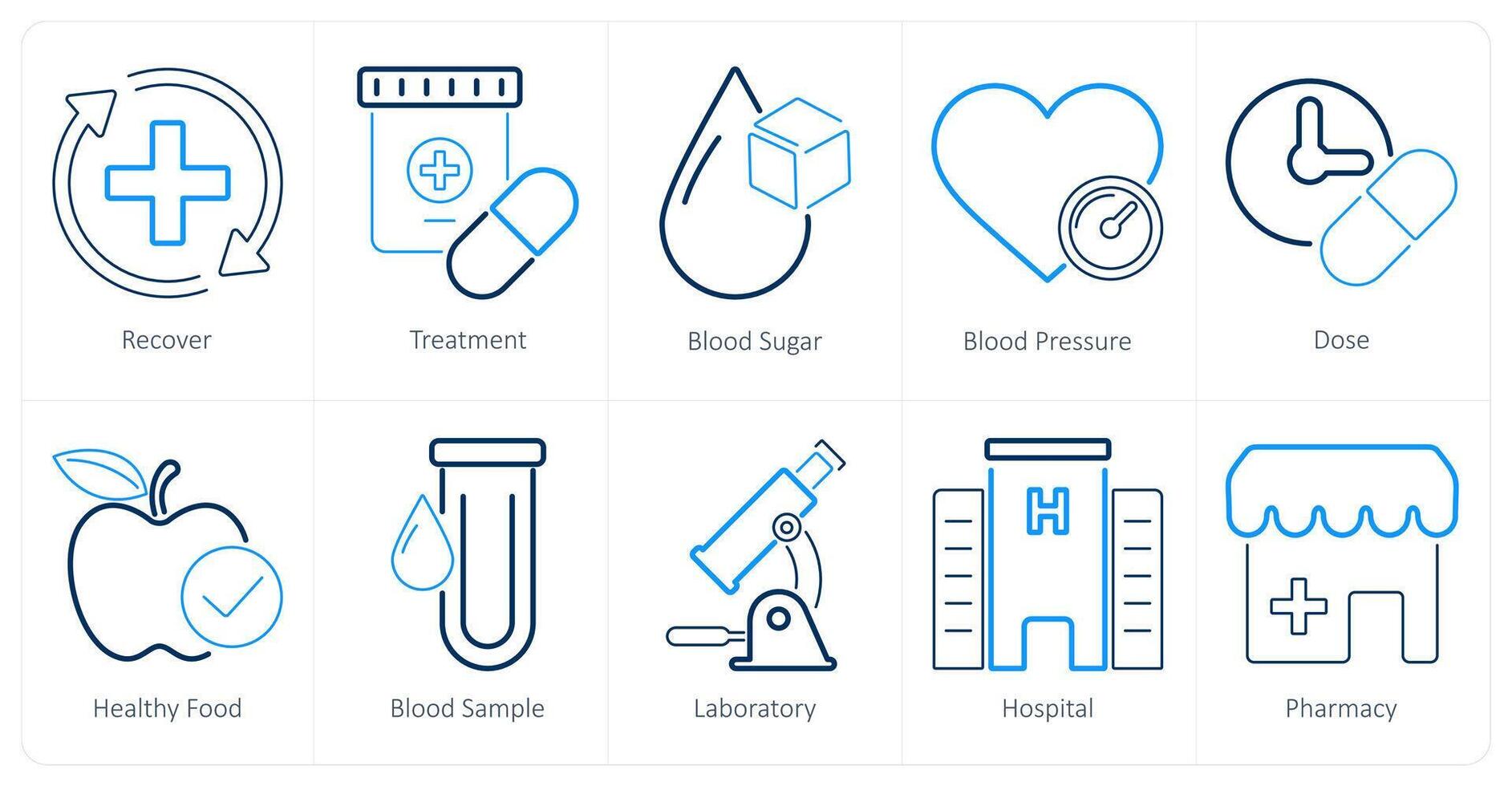 A set of 10 health checkup icons as recover, treatment, blood sugar vector