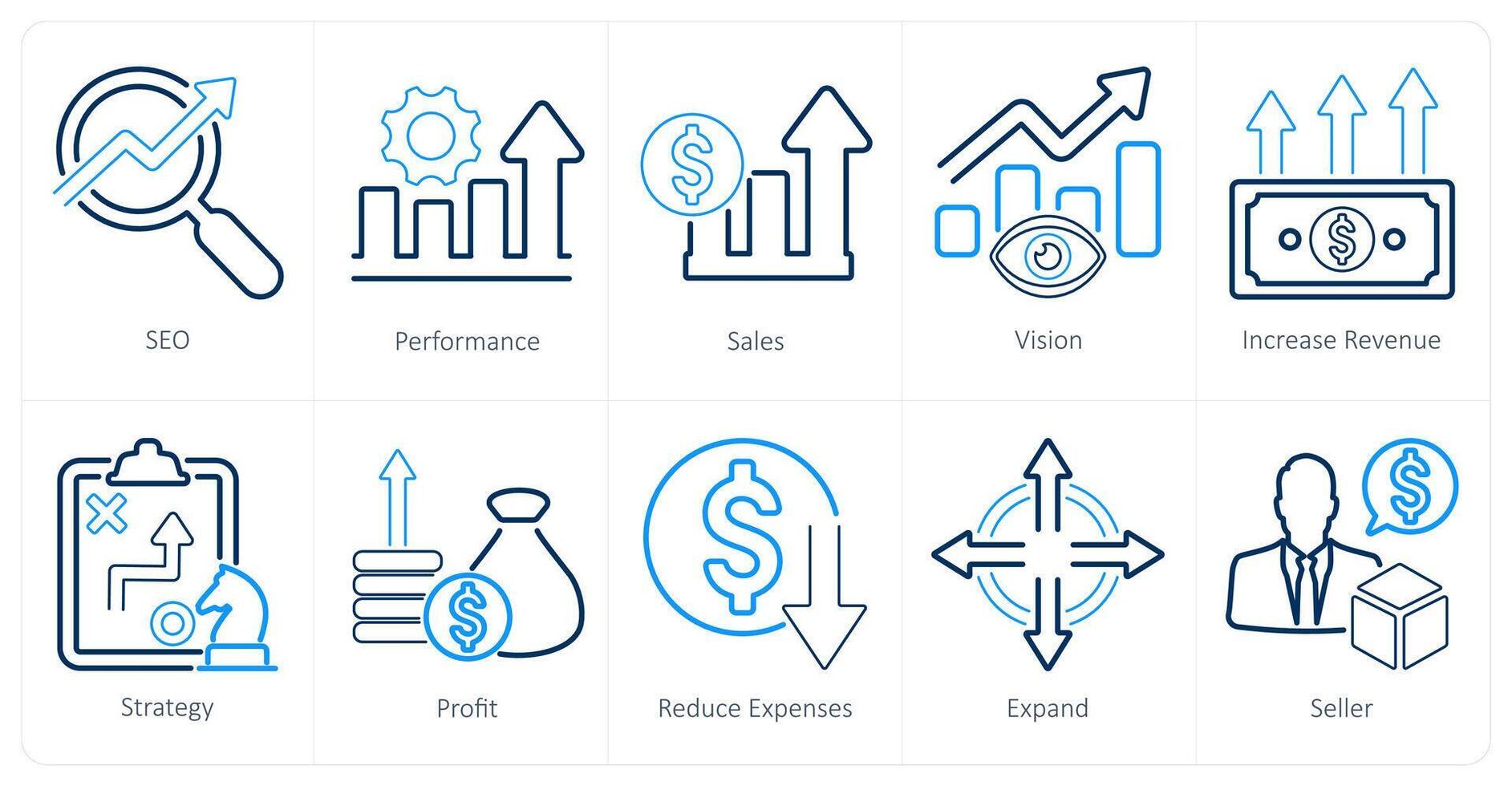 A set of 10 increase sale icons as seo, performance, sales vector