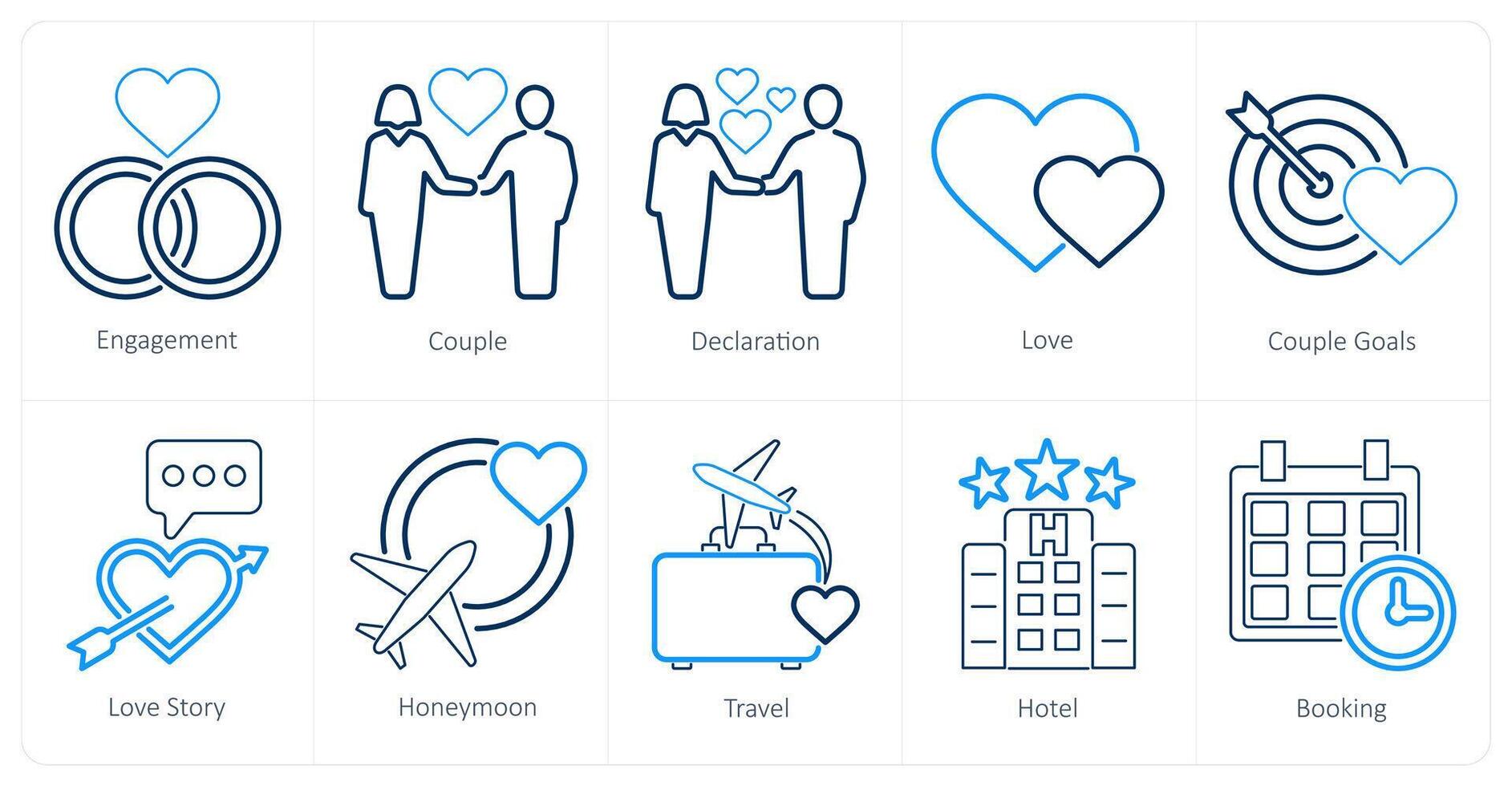 A set of 10 honeymoon icons as engagement, couple, declaration vector